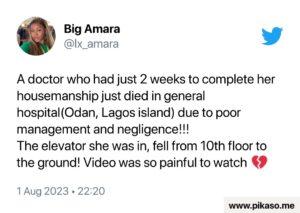 Female doctor dies in Lagos hospital after her elevator falls from 10th floor to ground level