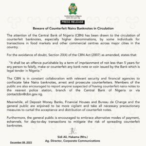 CBN warns Nigerians against circulation of fake naira notes