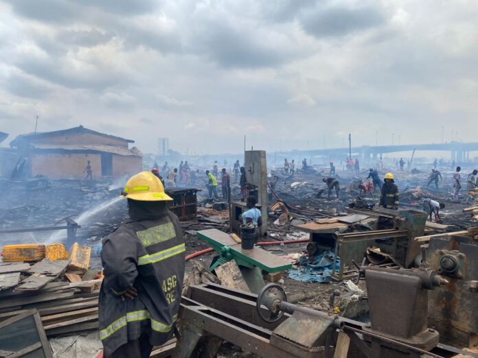 Many feared trapped in fire outbreak at Lagos plank market