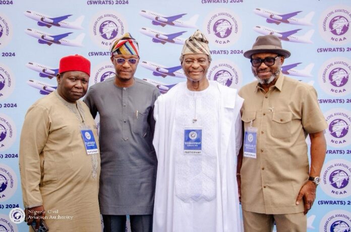 L-R: Nigeria Civil Aviation Authority (NCAA) Director of Aerodrome & Airspace Standards Engr. Godwin Balang, NCAA Director of Finance & Accounts Mr Olufemi Odukoya, Ex-Director General NCAA Engr. Harold Demuren and NCAA Director of Special Duties Mr Horatius Egua, at NCAA’s South-West Regional Air Transportation Summit (SWRATS), at Raddison Blu Hotel, Victoria Island, Lagos, on Wednesday.