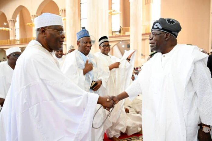 Ganduje, Bala Mohammed all smiles as Tinubu, Atiku shake hands at National Mosque