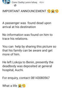 Passenger passes away while travelling in Edo