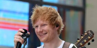 Ed Sheeran presents signed guitar to Declan Rice for "killer free kicks"